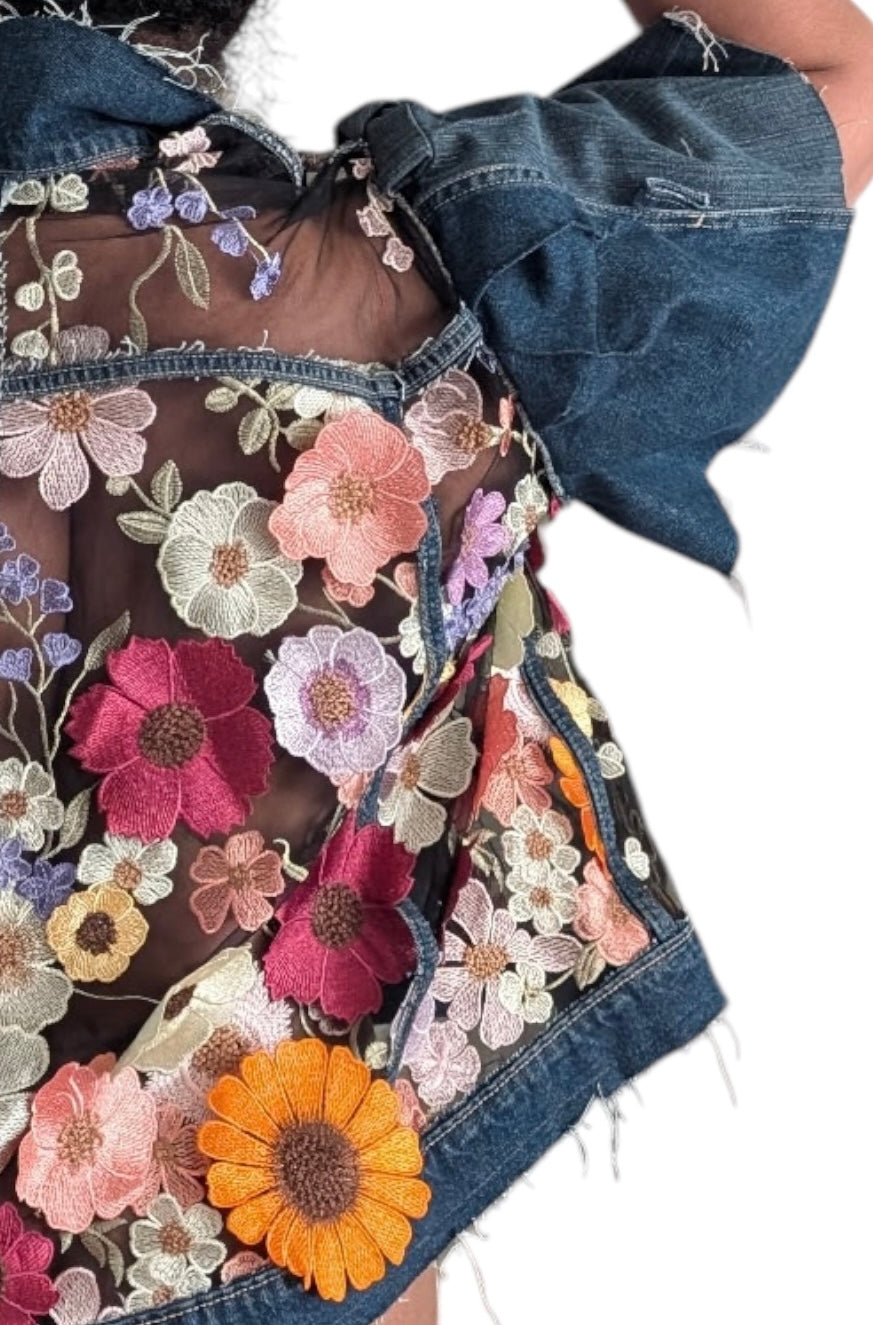 Custom made 3D Floral Denim Distressed Jacket