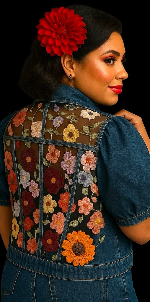 Custom made 3D Floral Denim Distressed Jacket